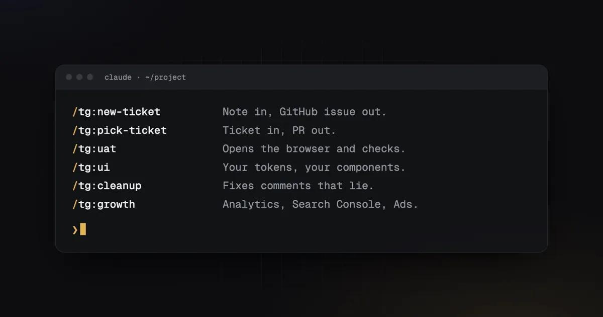 A terminal listing tg skills for Claude Code: new-ticket, pick-ticket, uat, ui, cleanup and growth, each with a one-line description.