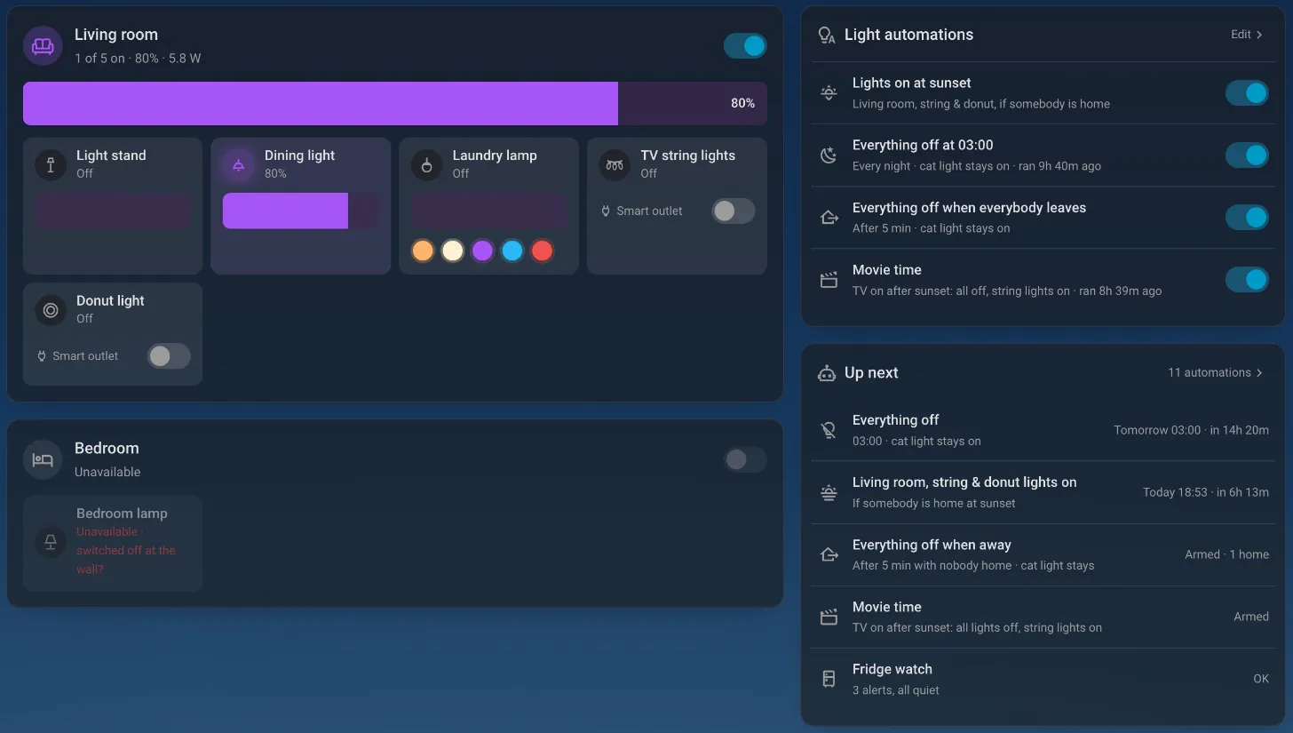 The Lights page: a Living room card with a room switch, a brightness slider and five lights, a Bedroom card, a list of light automations with switches, and an Up next list.