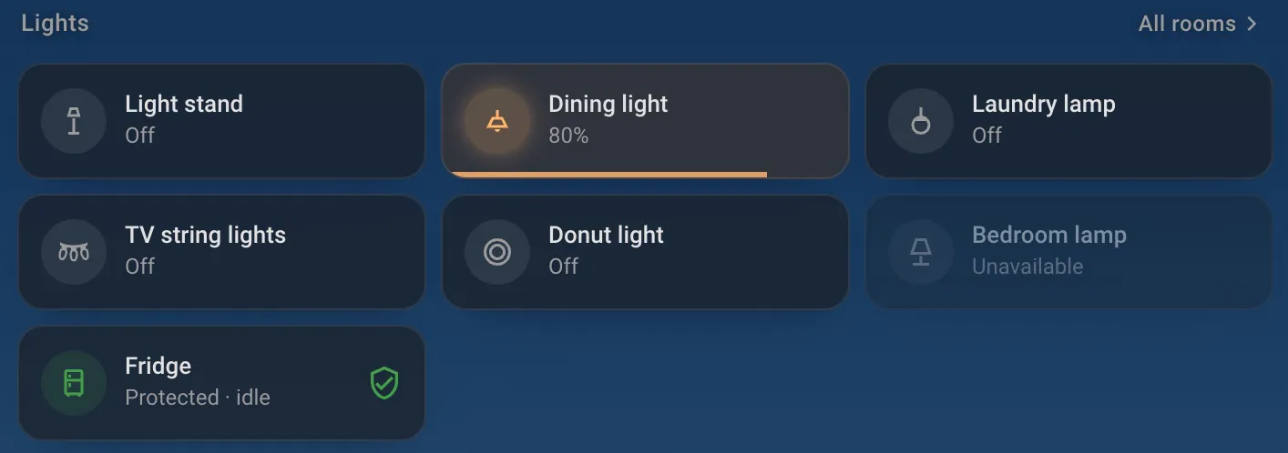 Light toggles: Light stand, Dining light at 80% with a brightness bar, Laundry lamp, TV string lights, Donut light, Bedroom lamp unavailable, and a fridge tile marked Protected.