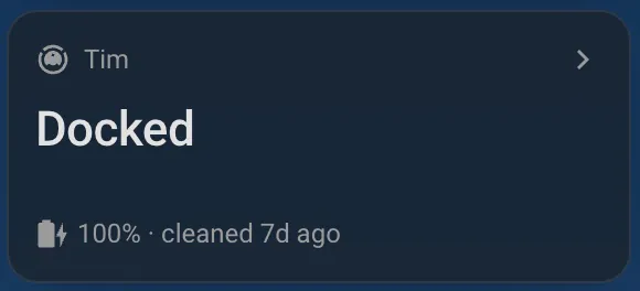 Vacuum card: Tim docked, 100% battery, cleaned 7 days ago
