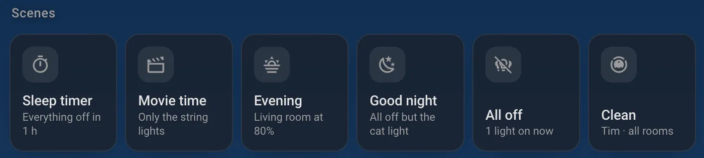 Six scene buttons: Sleep timer, Movie time, Evening, Good night, All off and Clean, each with a short description.