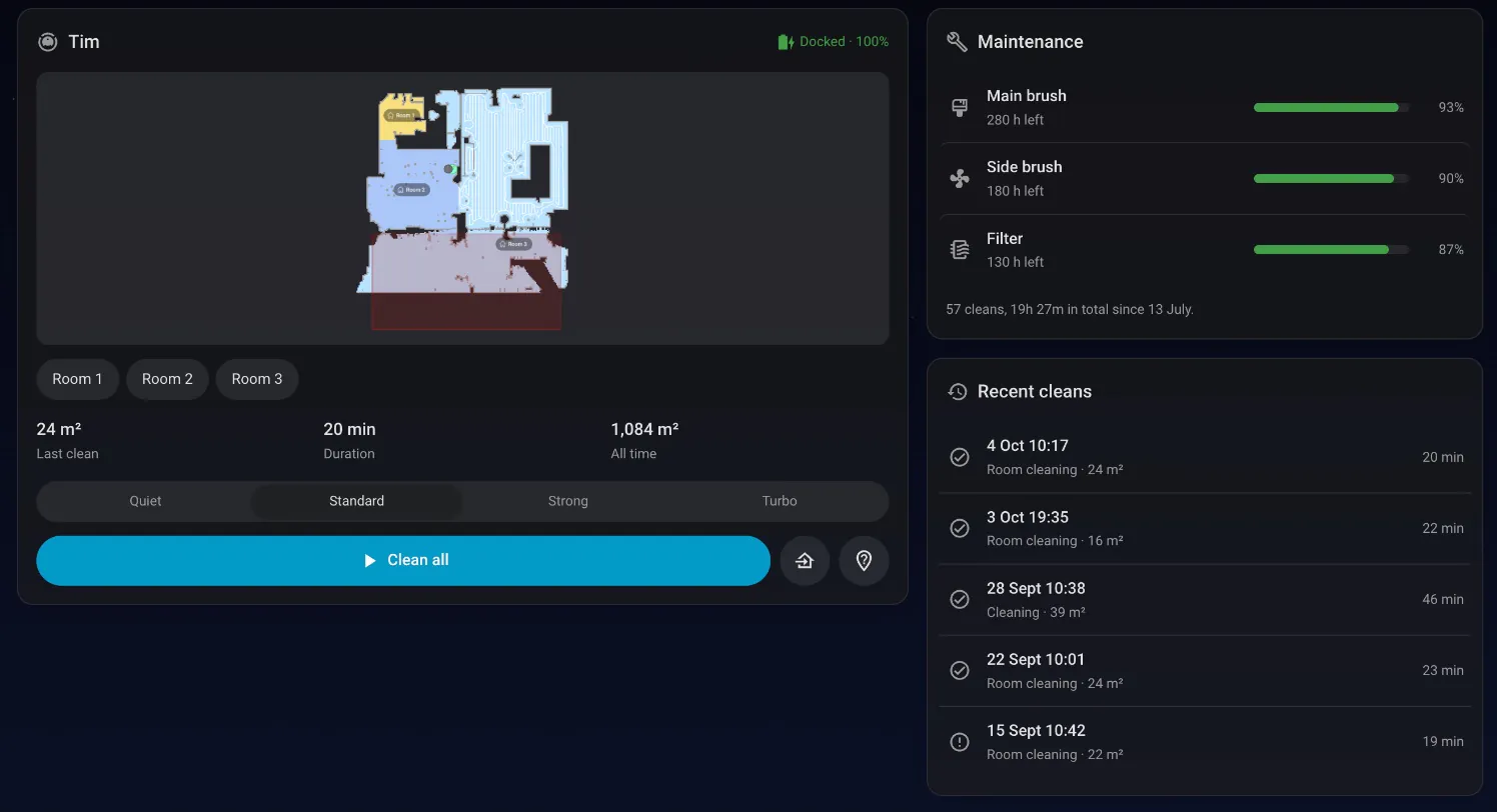 The Tim page: the vacuum's live map with rooms, last clean stats, suction level and Clean all button, plus brush and filter wear and the last five cleans.