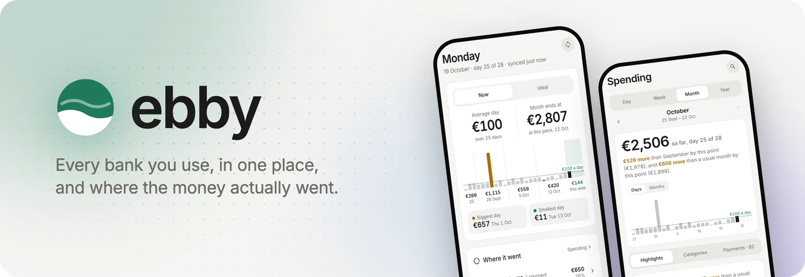 ebby's logo next to two phones showing this month's spending